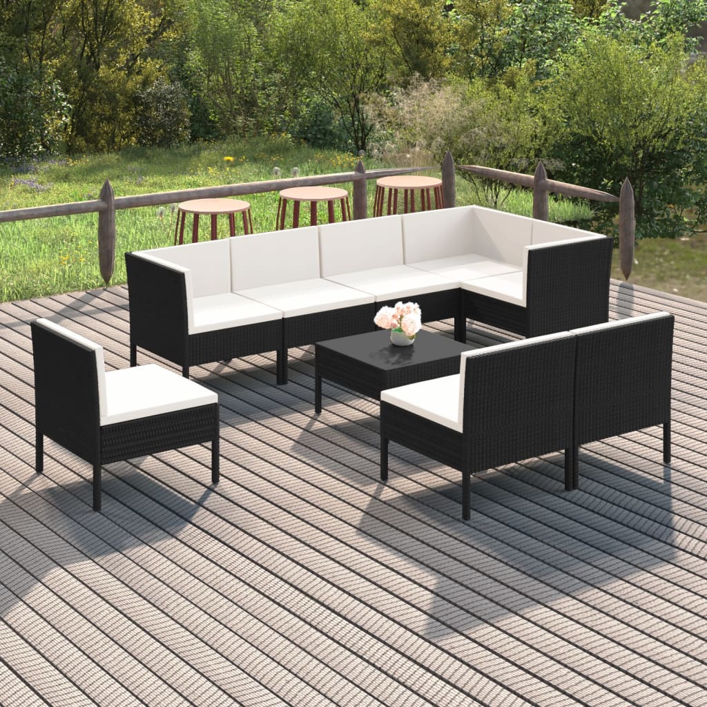 Set mobilier de grădină cu perne, 9 piese, negru, poliratan