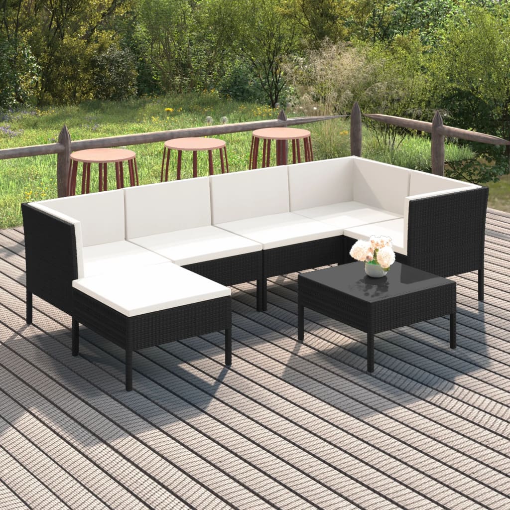 Set mobilier de grădină cu perne, 7 piese, negru, poliratan