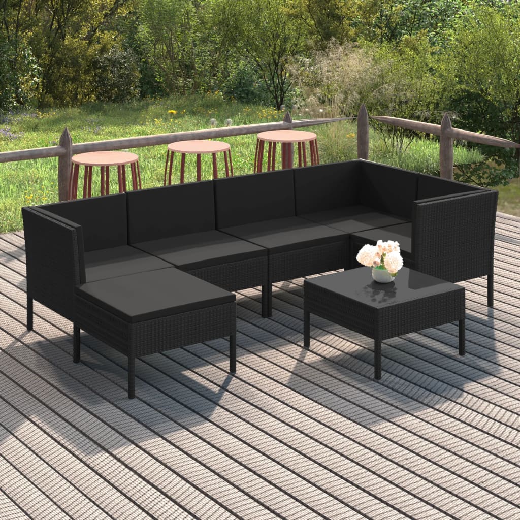 Set mobilier de grădină cu perne, 7 piese, negru, poliratan