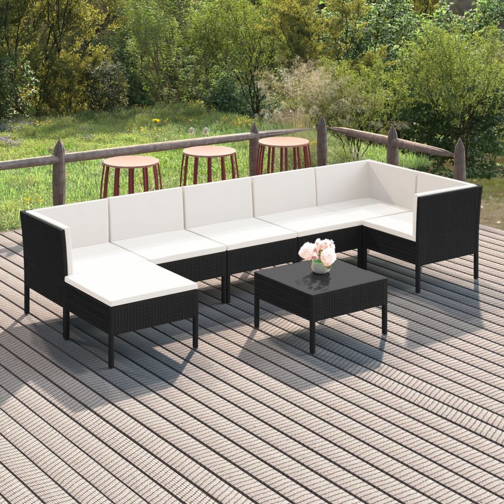 Set mobilier de grădină cu perne, 8 piese, negru, poliratan