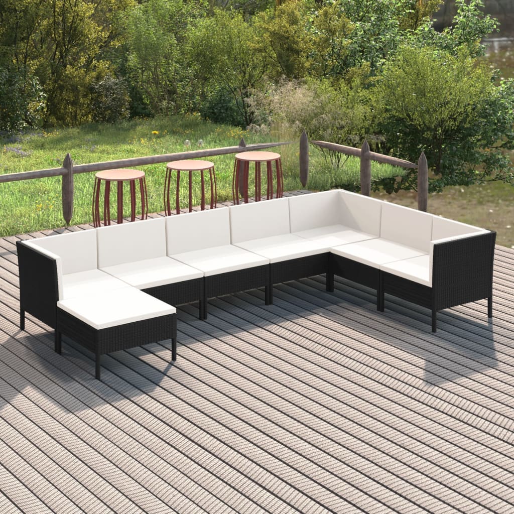 Set mobilier de grădină cu perne, 8 piese, negru, poliratan