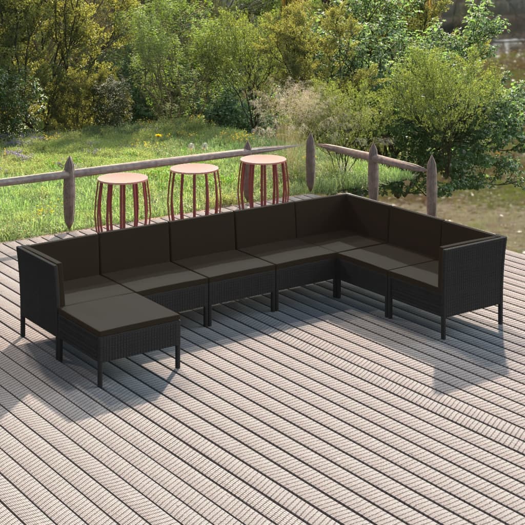 Set mobilier de grădină cu perne, 8 piese, negru, poliratan