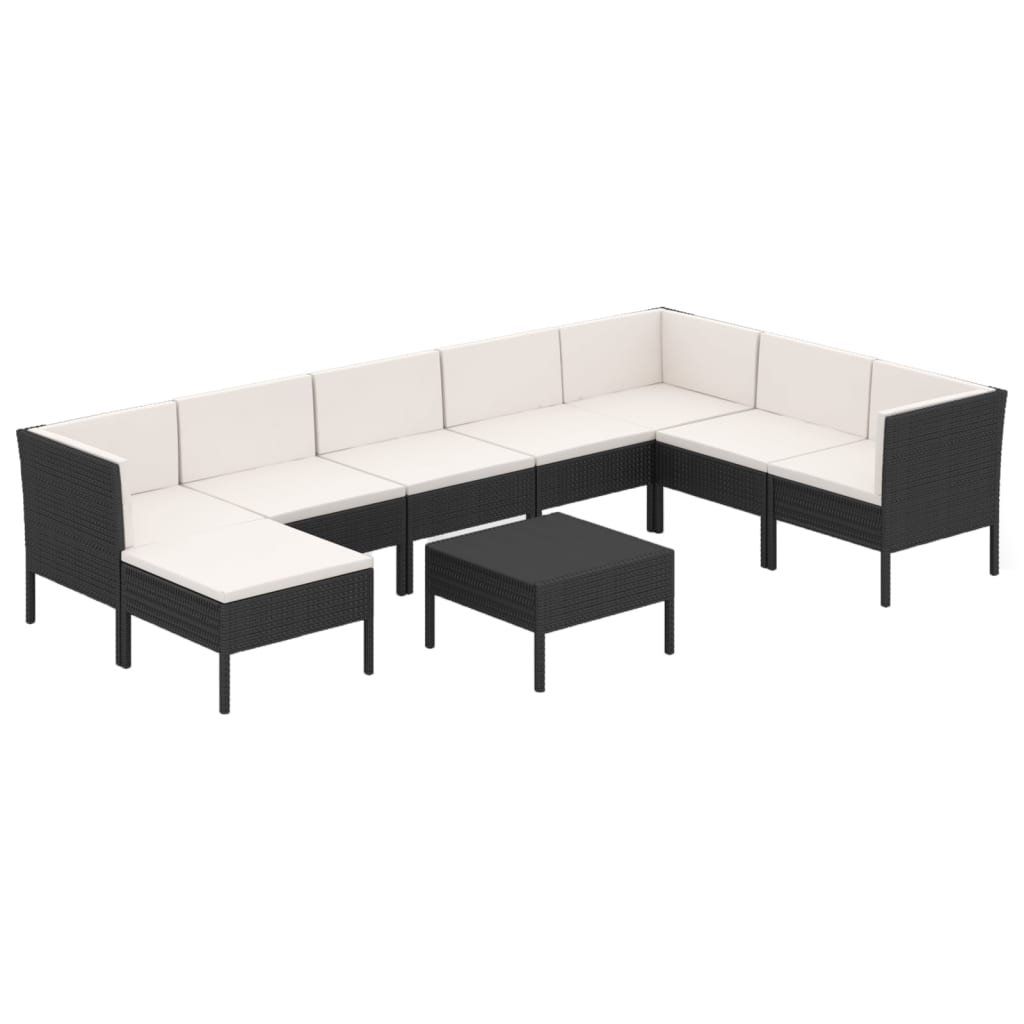 Set mobilier de grădină cu perne, 9 piese, negru, poliratan