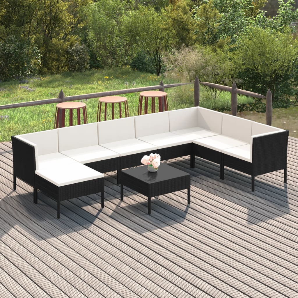 Set mobilier de grădină cu perne, 9 piese, negru, poliratan