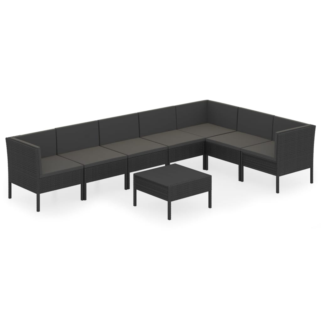 Set mobilier de grădină cu perne, 8 piese, negru, poliratan