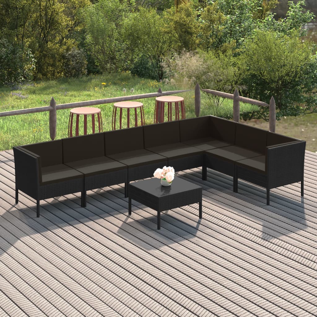 Set mobilier de grădină cu perne, 8 piese, negru, poliratan