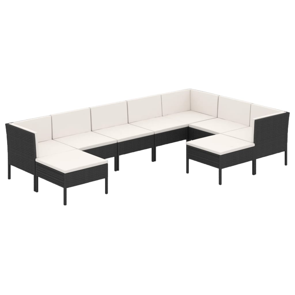 Set mobilier de grădină cu perne, 9 piese, negru, poliratan