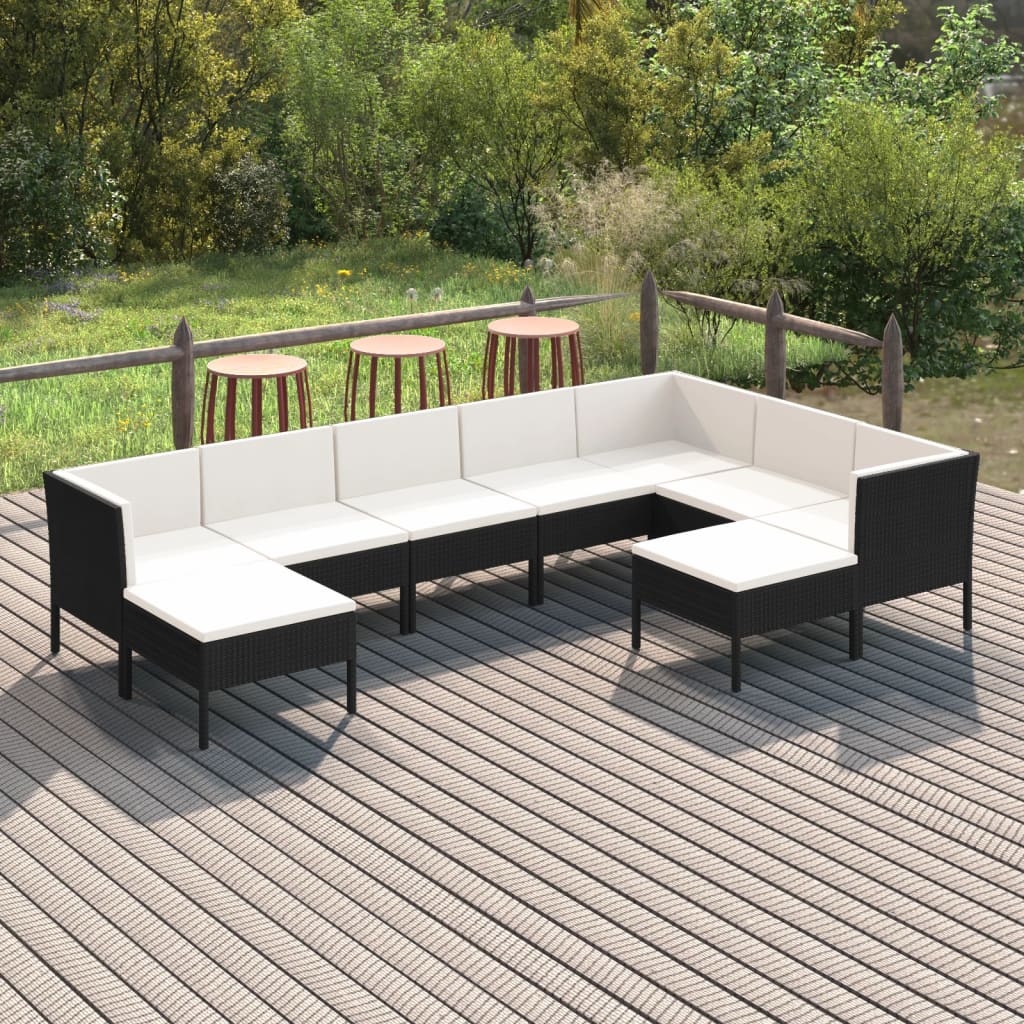 Set mobilier de grădină cu perne, 9 piese, negru, poliratan