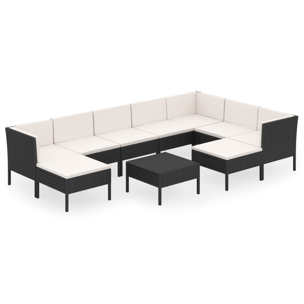 Set mobilier de grădină cu perne, 10 piese, negru, poliratan