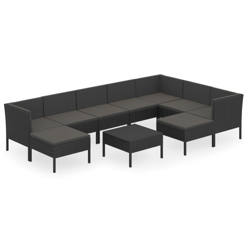 Set mobilier de grădină cu perne, 10 piese, negru, poliratan