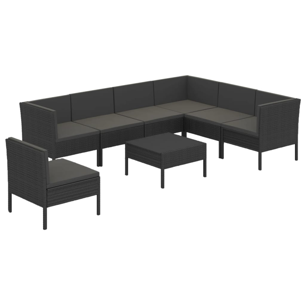 Set mobilier de grădină cu perne, 8 piese, negru, poliratan