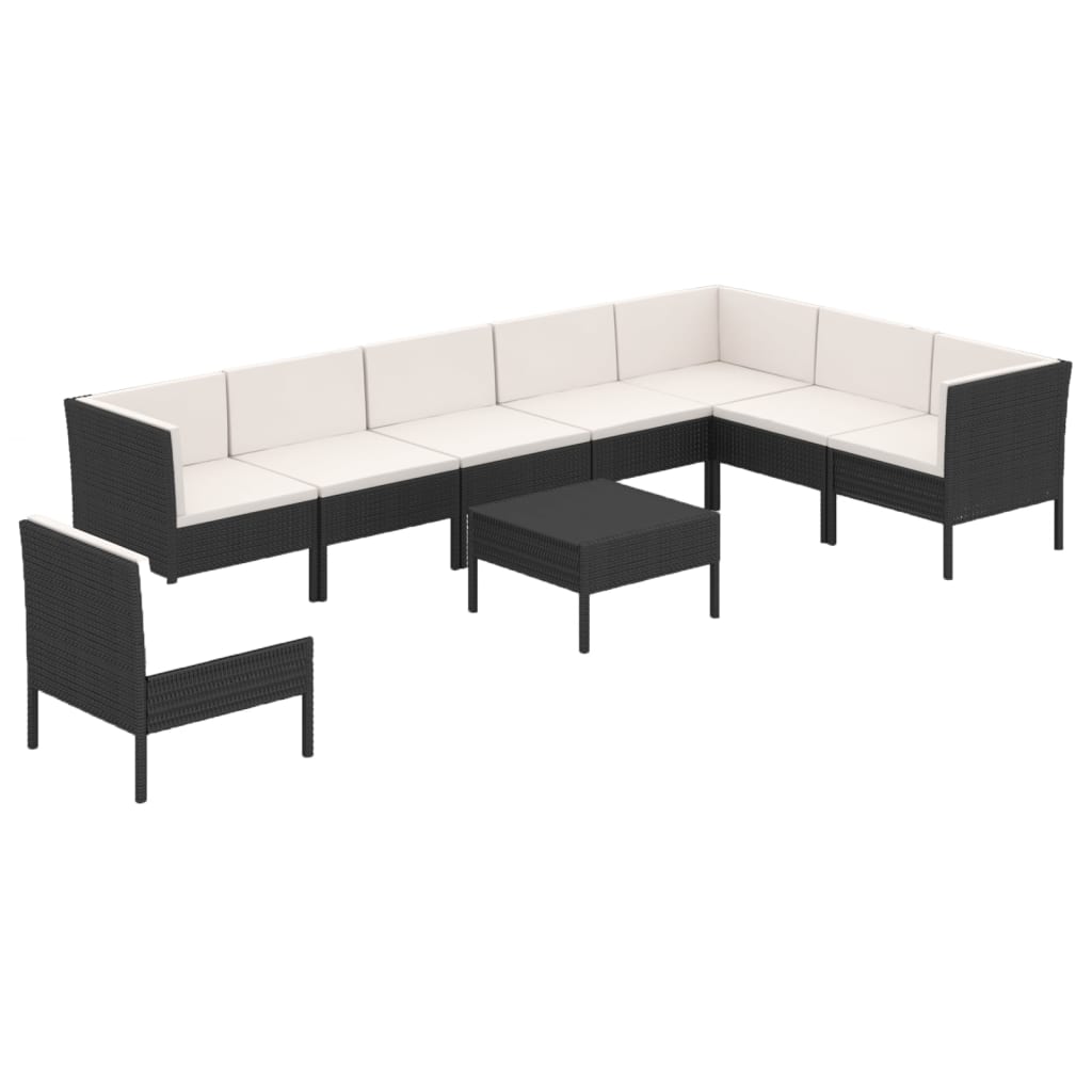 Set mobilier de grădină cu perne, 9 piese, negru, poliratan