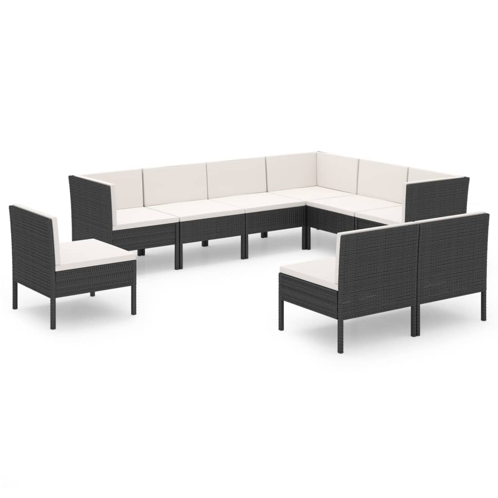 Set mobilier de grădină cu perne, 9 piese, negru, poliratan