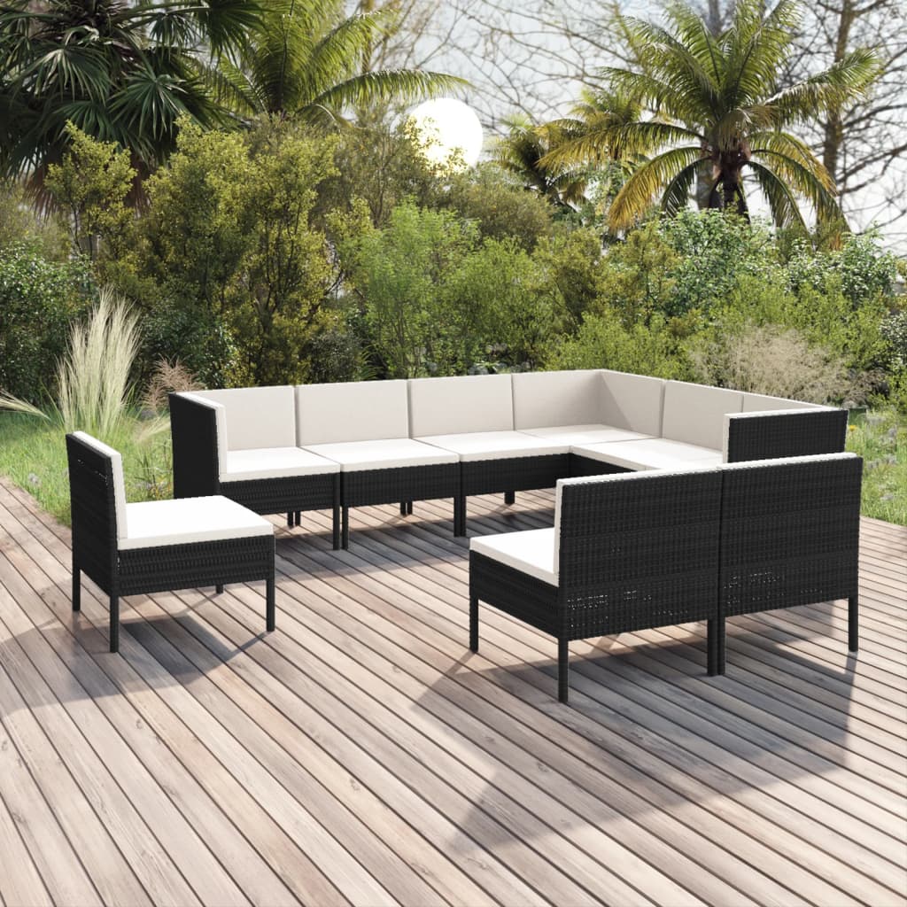 Set mobilier de grădină cu perne, 9 piese, negru, poliratan