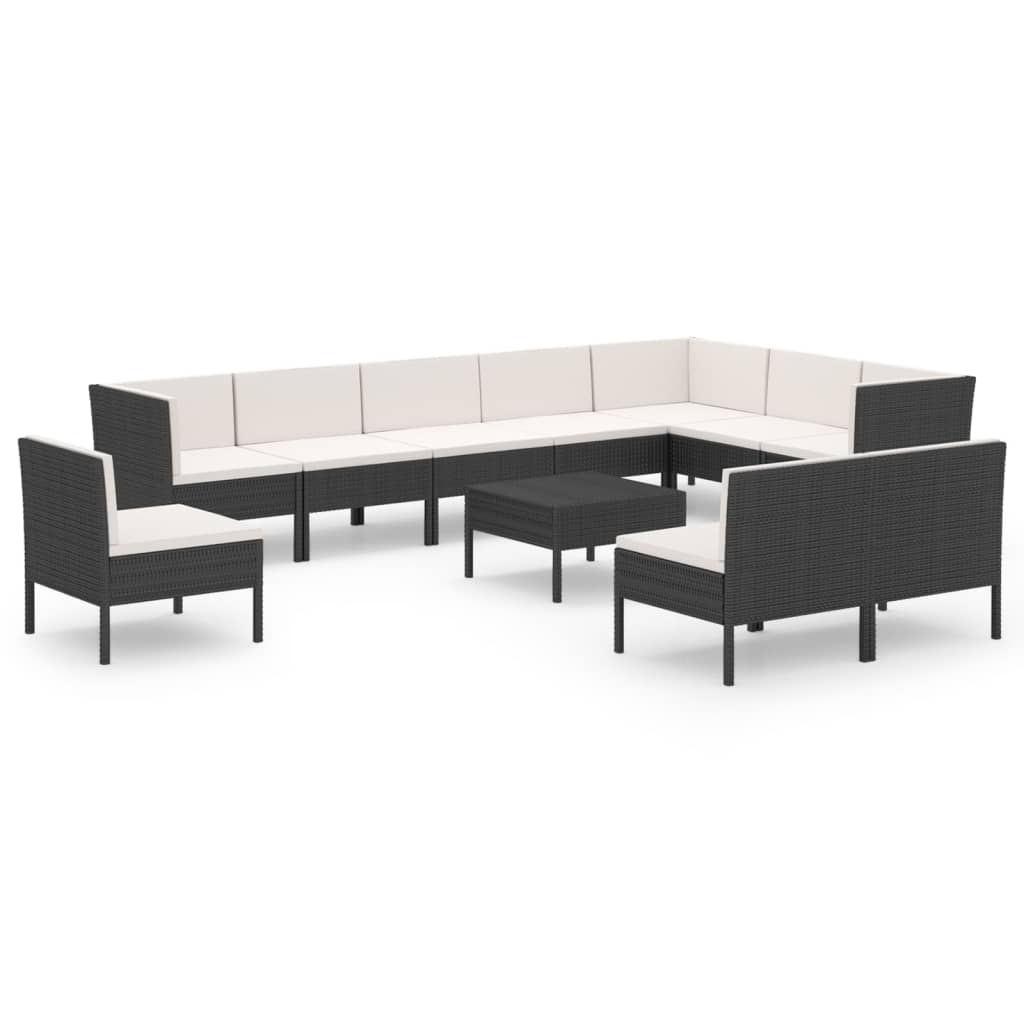 Set mobilier de grădină cu perne, 11 piese, negru, poliratan