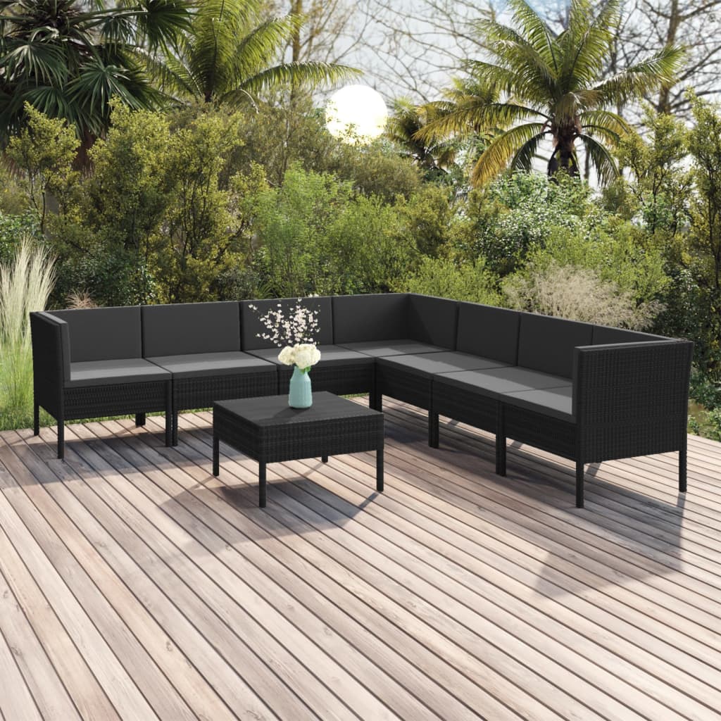 Set mobilier de grădină cu perne, 8 piese, negru, poliratan