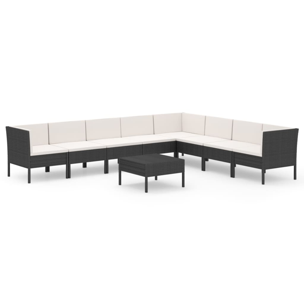 Set mobilier de grădină cu perne, 9 piese, negru, poliratan