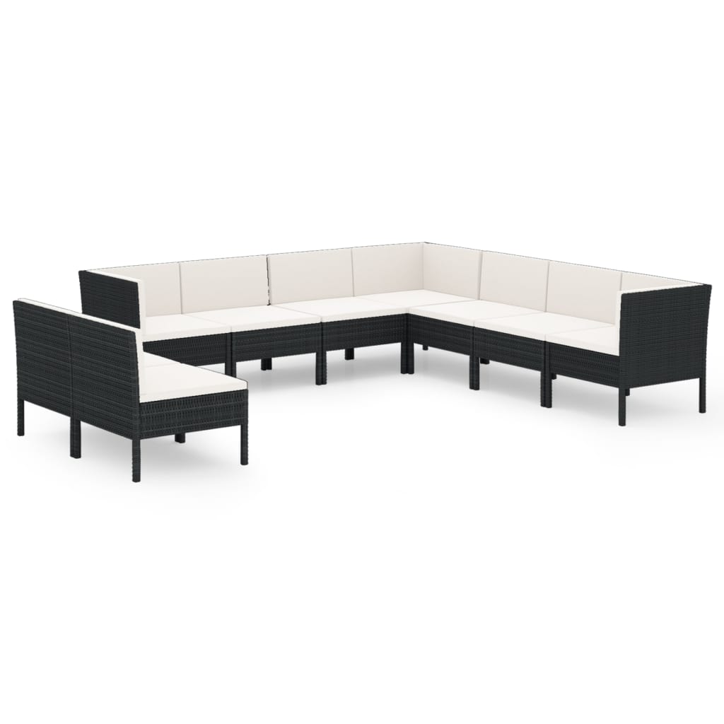 Set mobilier de grădină cu perne, 9 piese, negru, poliratan