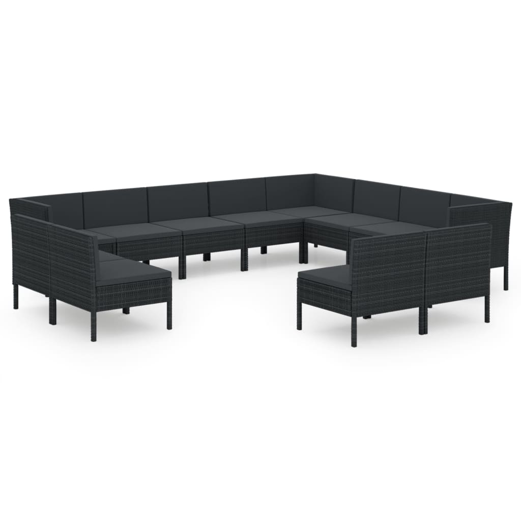 Set mobilier de grădină cu perne, 12 piese, negru, poliratan