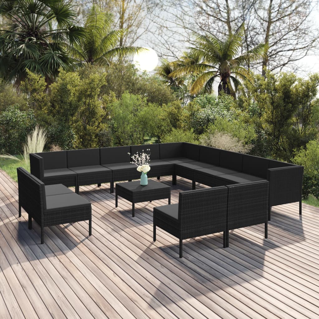 Set mobilier de grădină cu perne, 14 piese, negru, poliratan