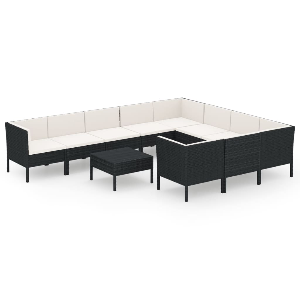 Set mobilier de grădină cu perne, 11 piese, negru, poliratan