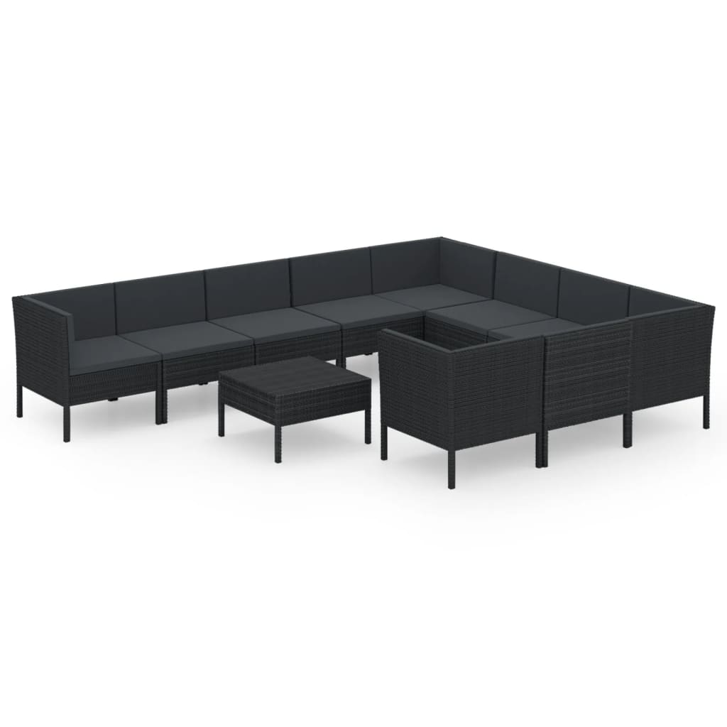 Set mobilier de grădină cu perne, 11 piese, negru, poliratan