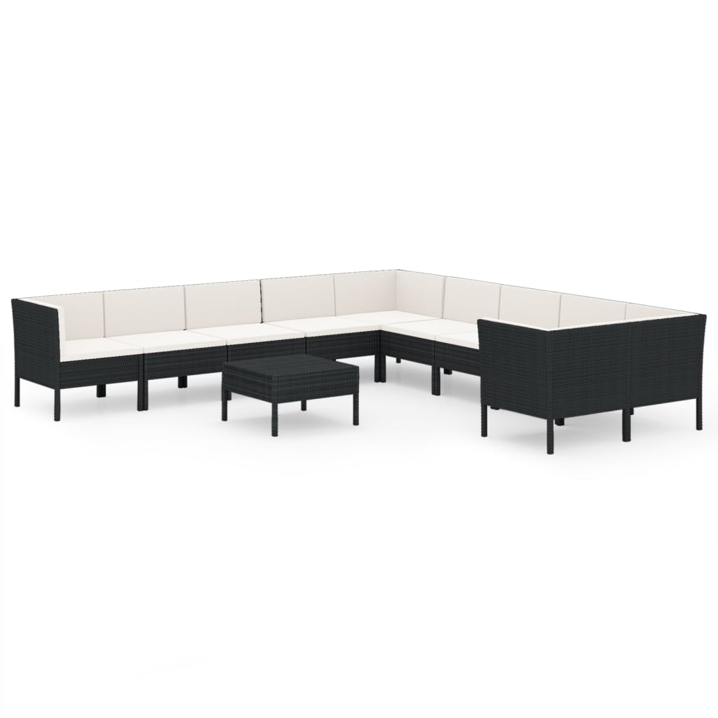 Set mobilier de grădină cu perne, 11 piese, negru, poliratan