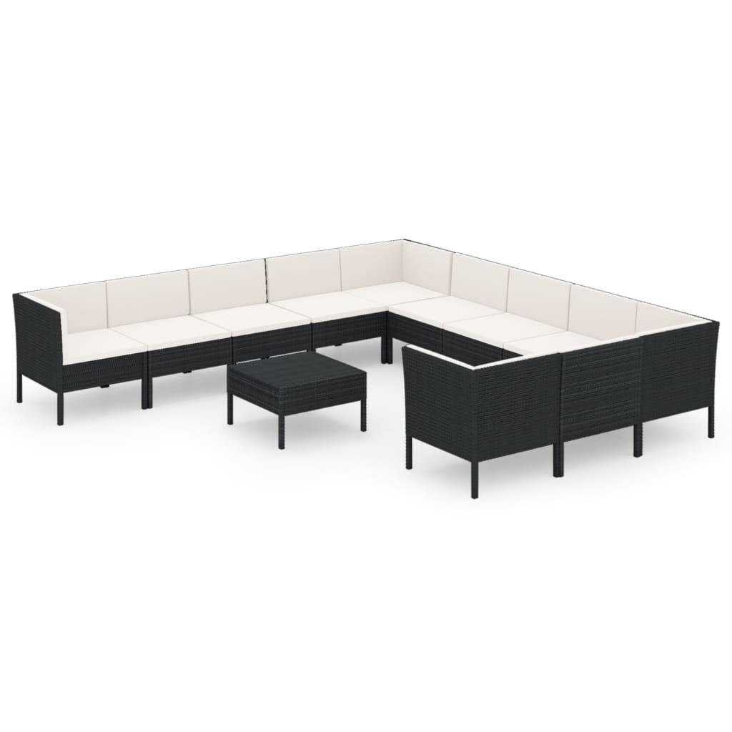 Set mobilier de grădină cu perne, 12 piese, negru, poliratan