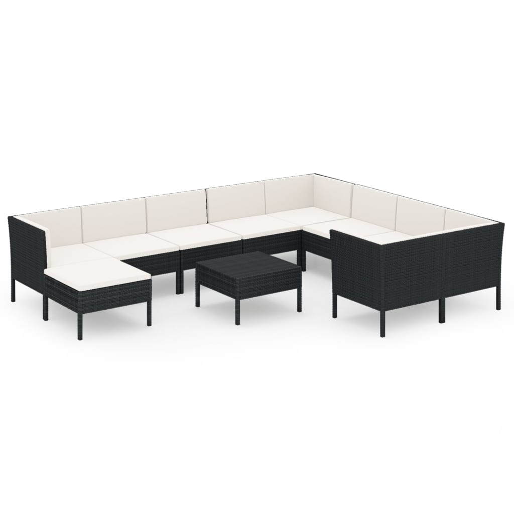 Set mobilier de grădină cu perne, 11 piese, negru, poliratan