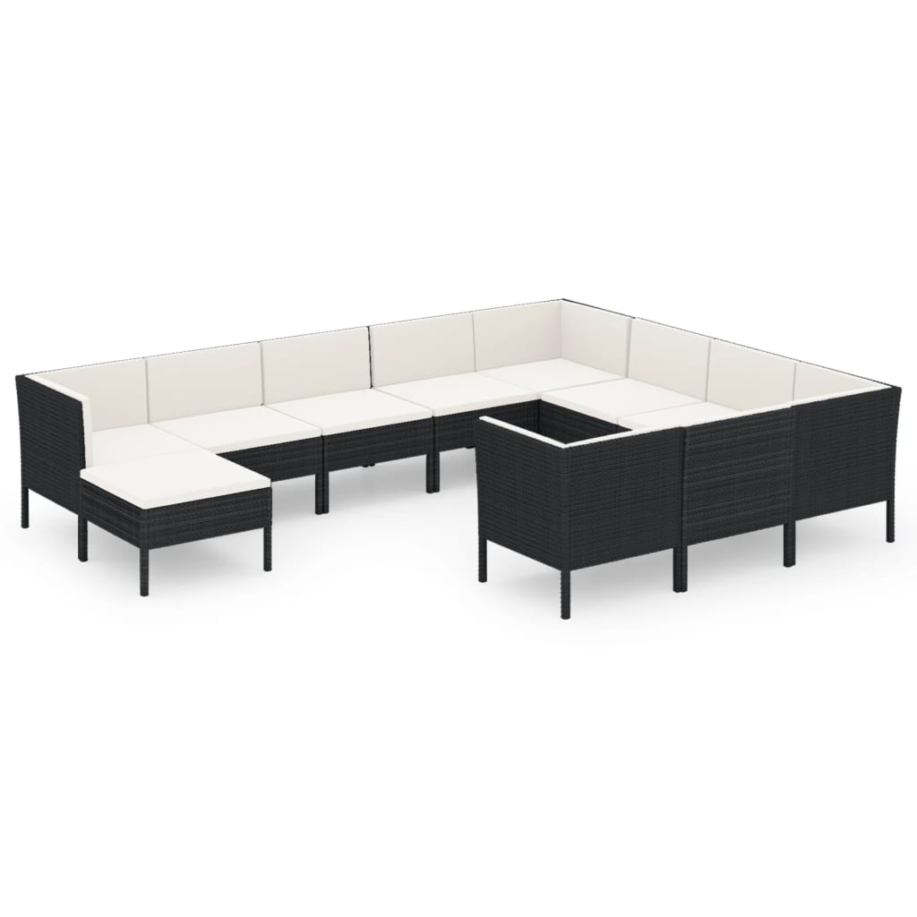 Set mobilier de grădină cu perne, 11 piese, negru, poliratan