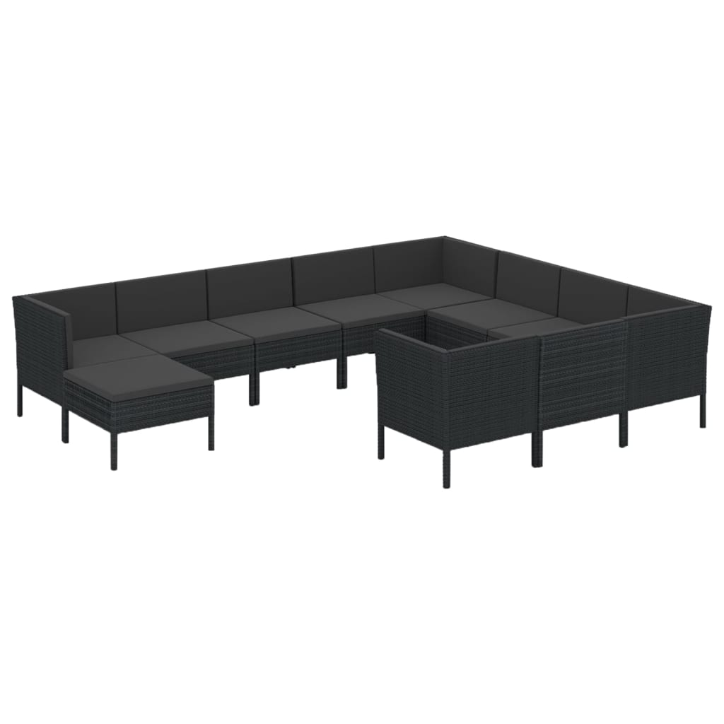 Set mobilier de grădină cu perne, 11 piese, negru, poliratan