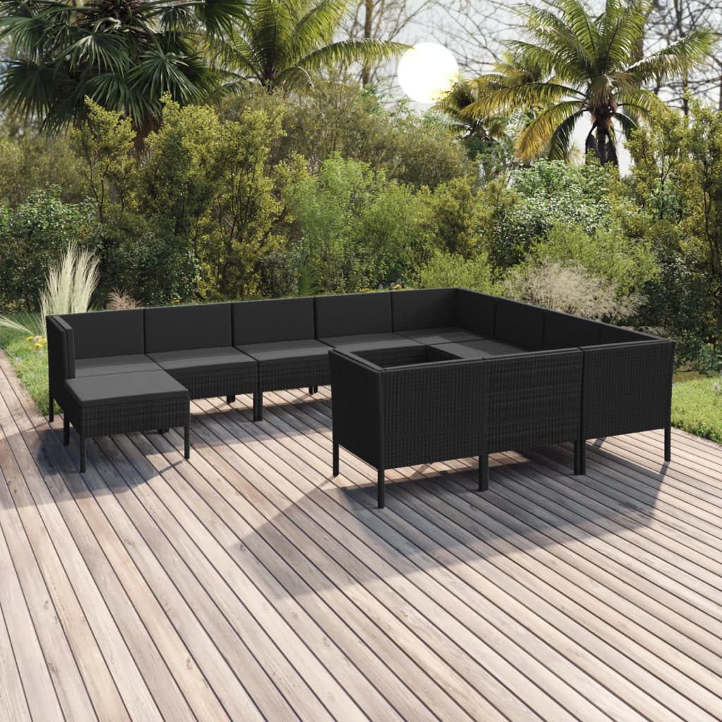 Set mobilier de grădină cu perne, 11 piese, negru, poliratan