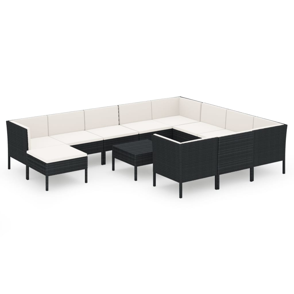 Set mobilier de grădină cu perne, 12 piese, negru, poliratan