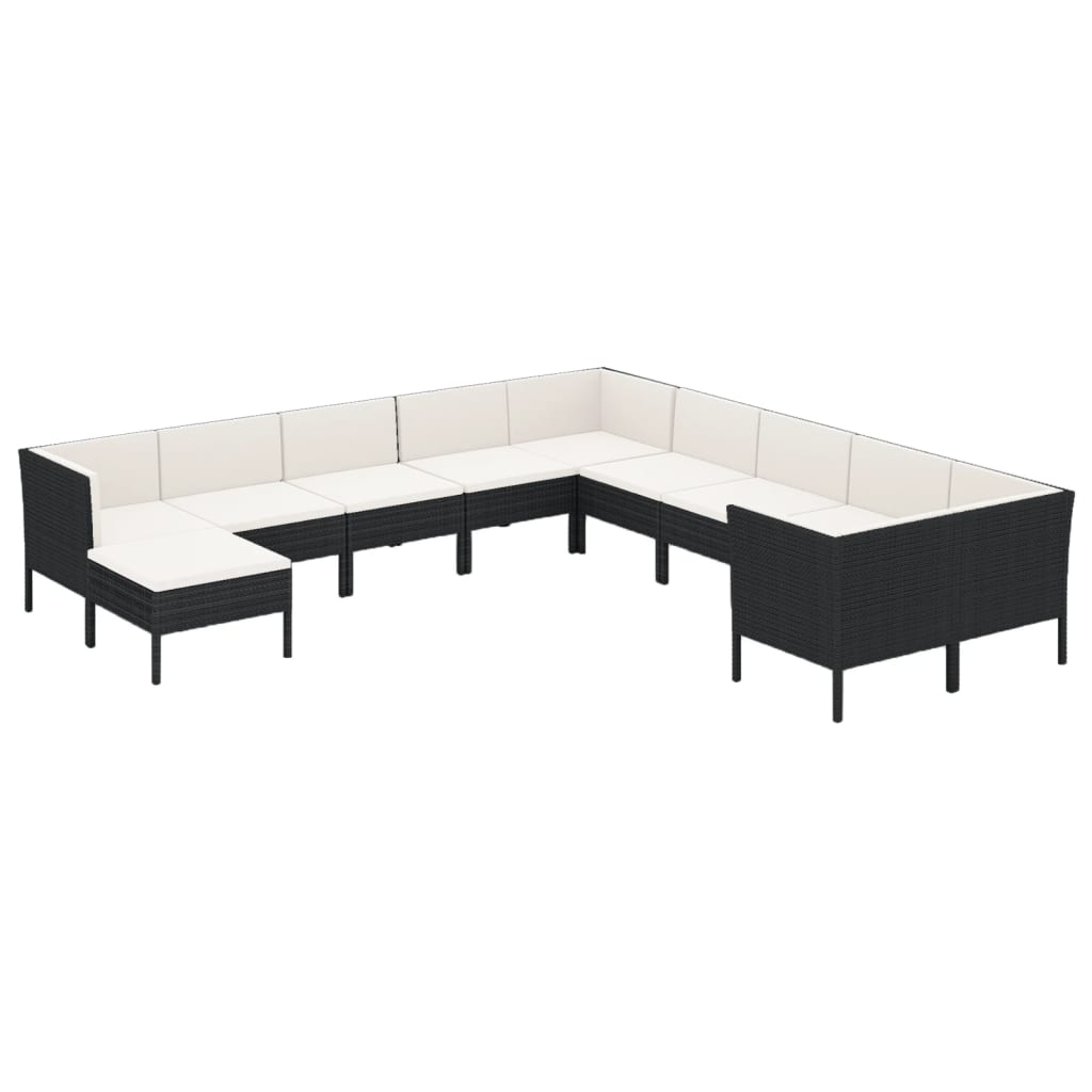 Set mobilier de grădină cu perne, 11 piese, negru, poliratan