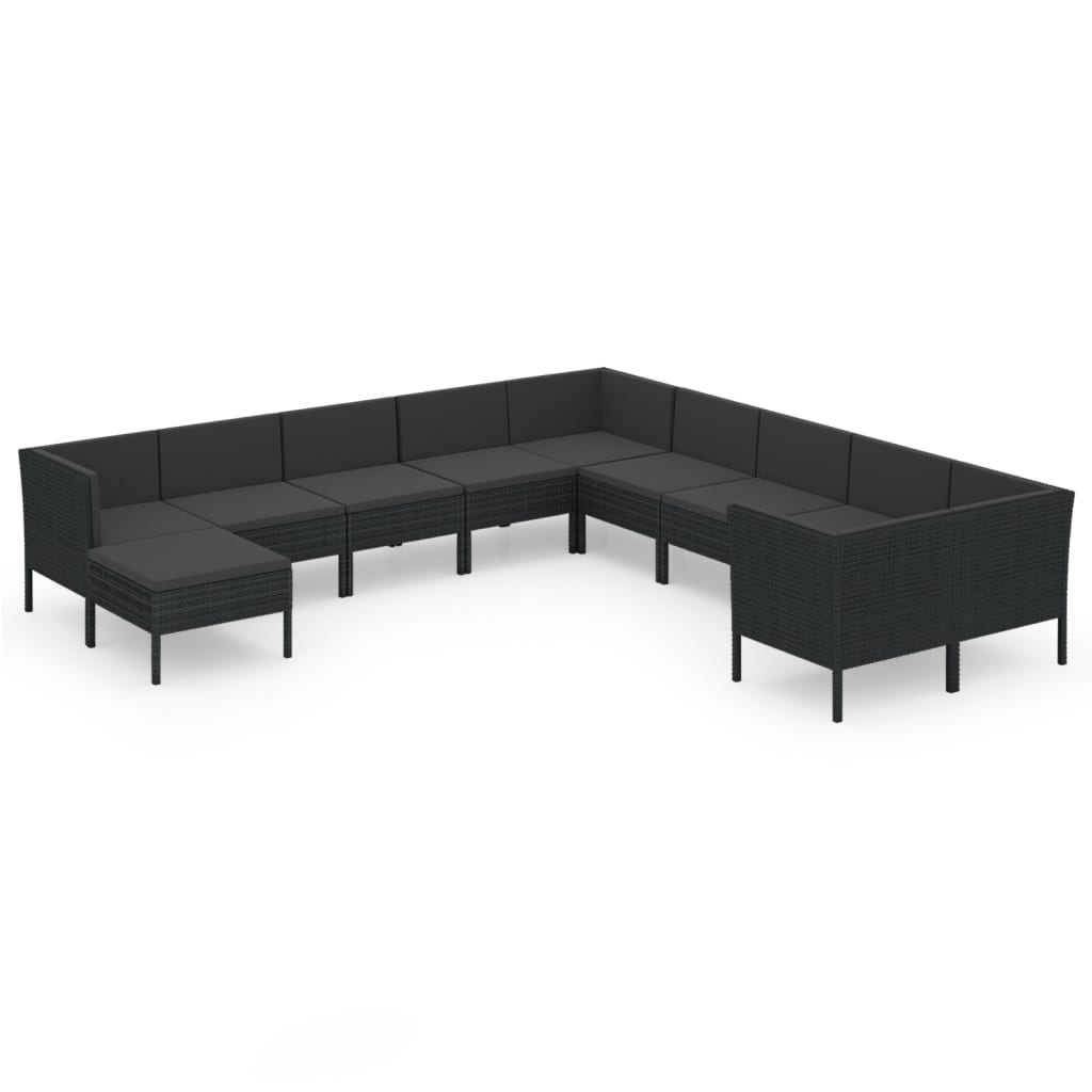 Set mobilier de grădină cu perne, 11 piese, negru, poliratan