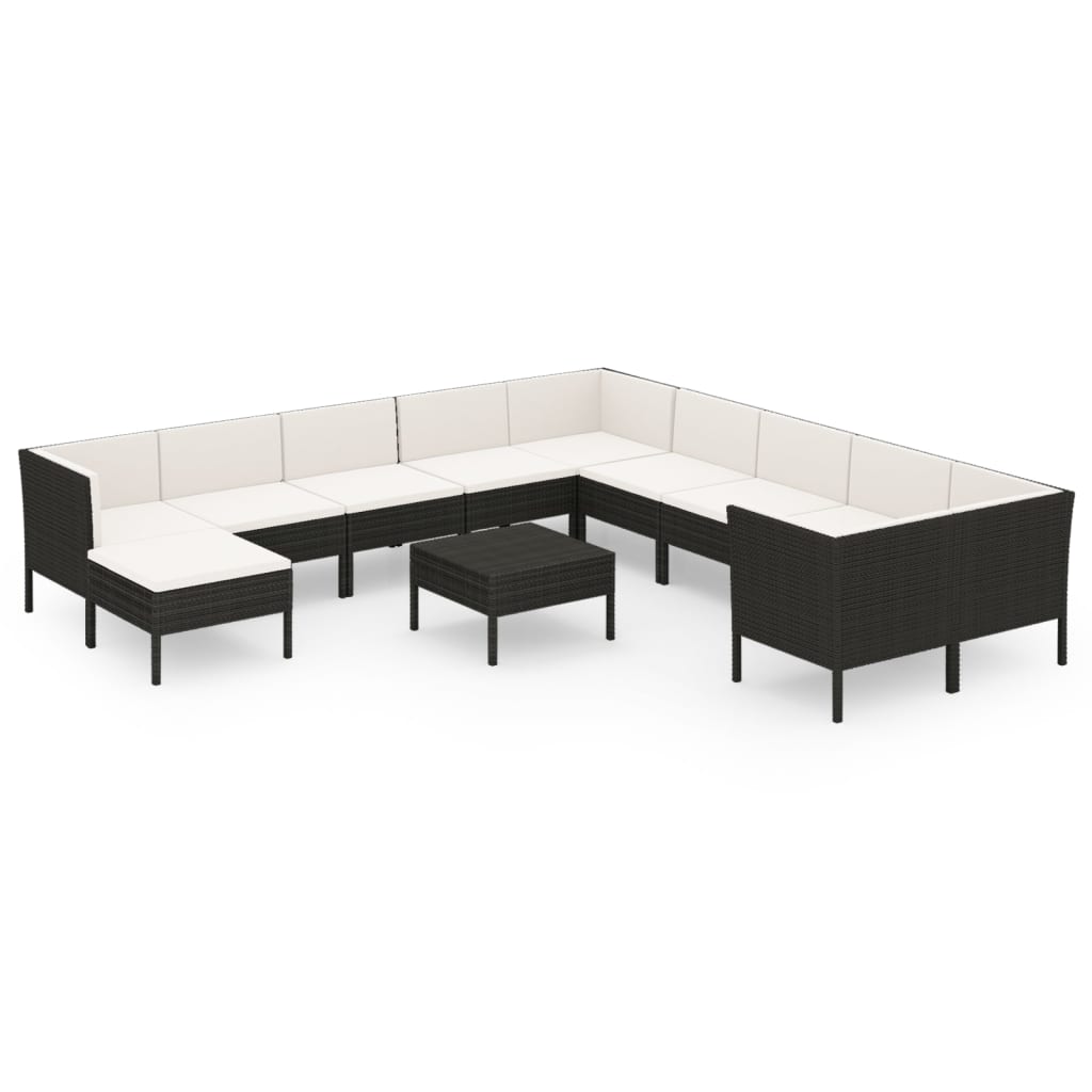 Set mobilier de grădină cu perne, 12 piese, negru, poliratan