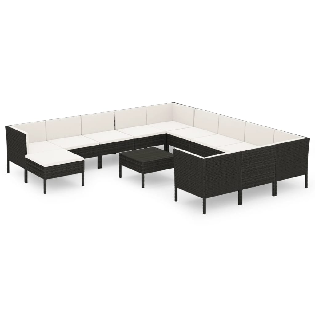 Set mobilier de grădină cu perne, 13 piese, negru, poliratan