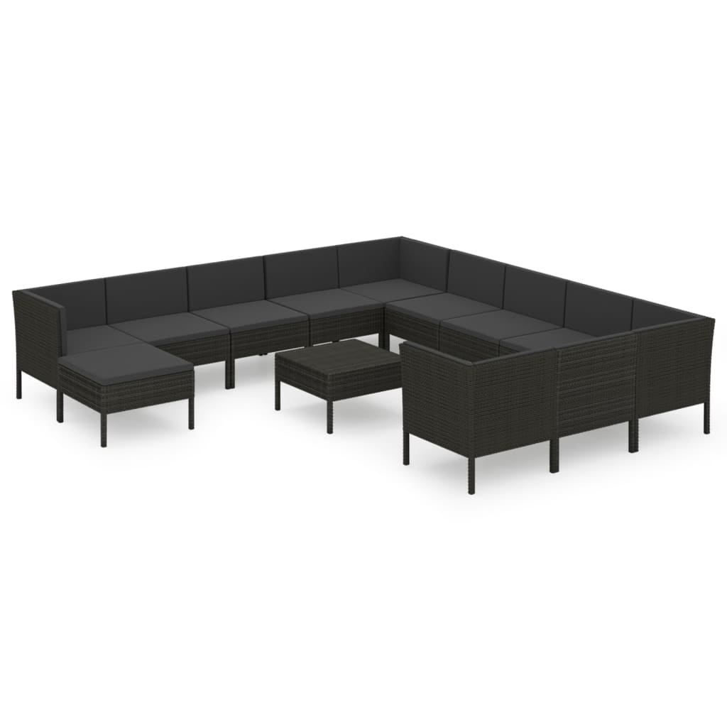 Set mobilier de grădină cu perne, 13 piese, negru, poliratan