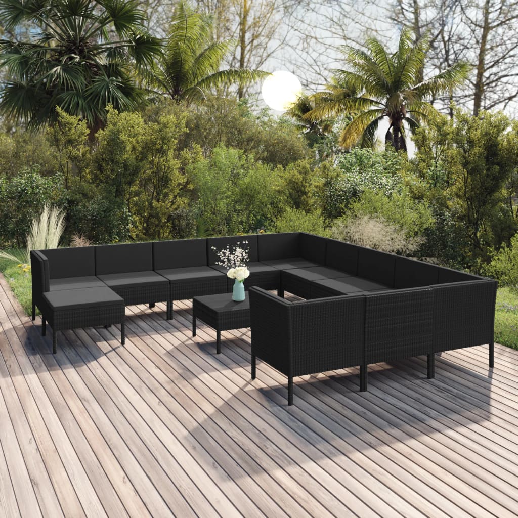 Set mobilier de grădină cu perne, 13 piese, negru, poliratan