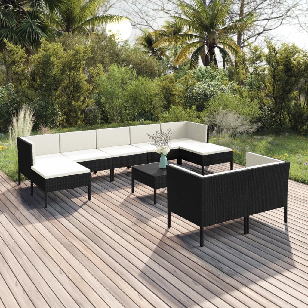 Set mobilier de grădină cu perne, 10 piese, negru, poliratan