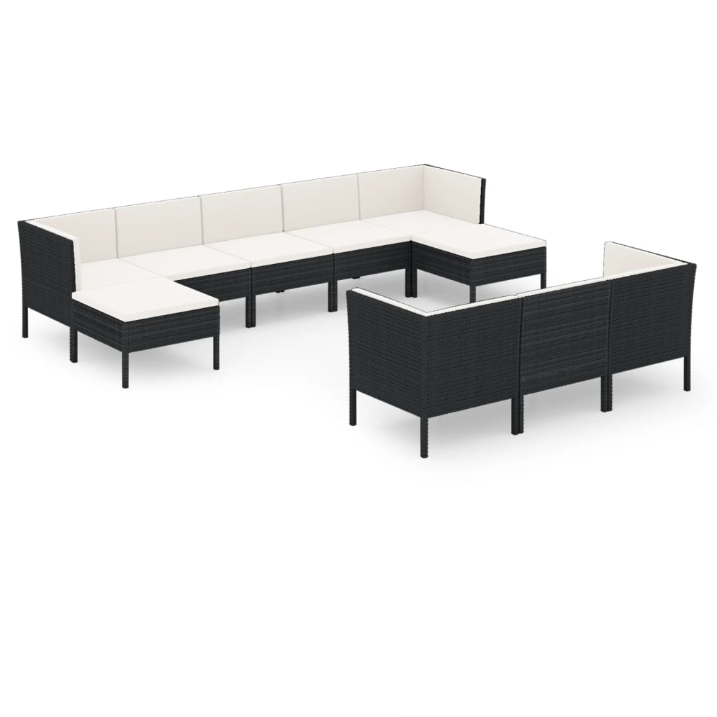 Set mobilier de grădină cu perne, 10 piese, negru, poliratan