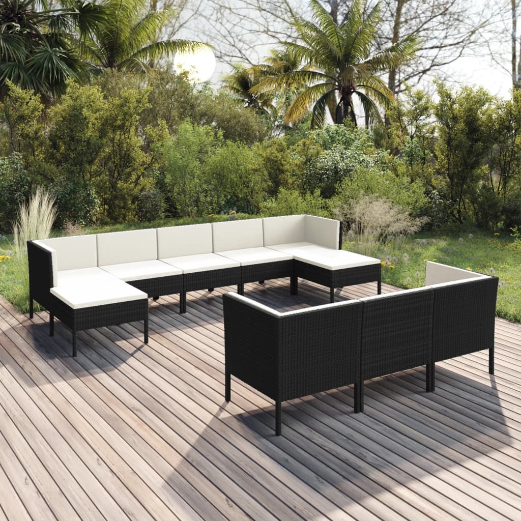 Set mobilier de grădină cu perne, 10 piese, negru, poliratan