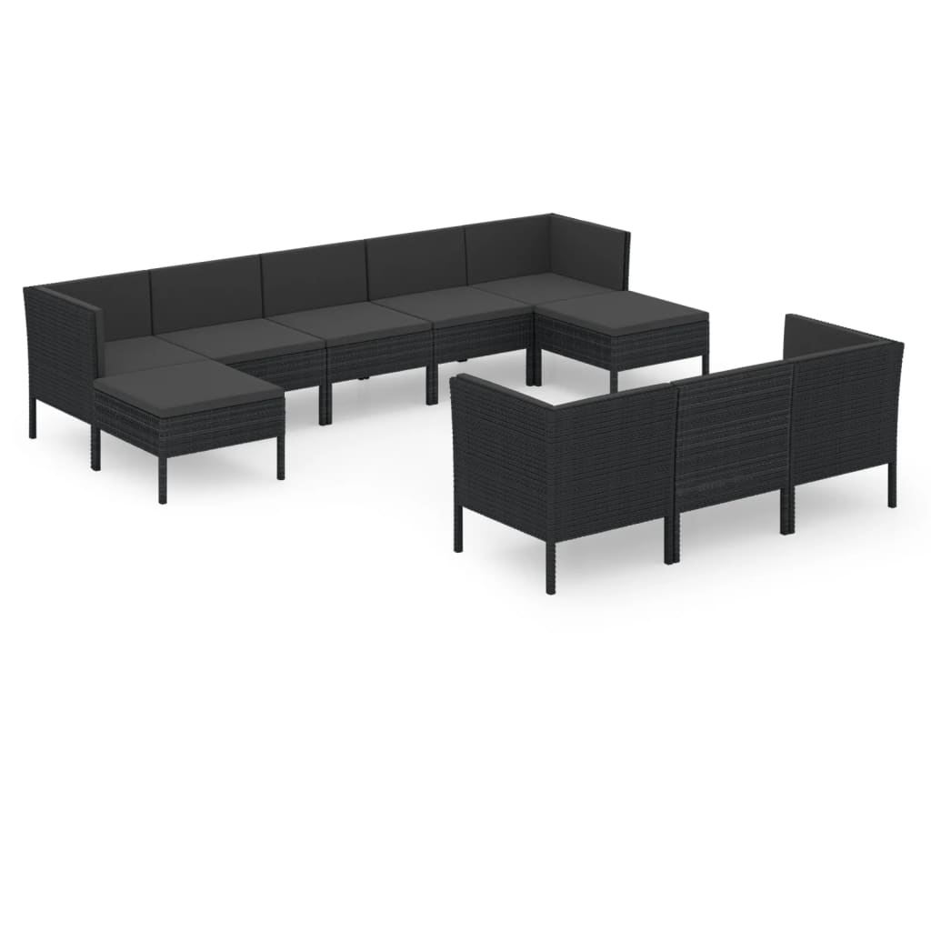 Set mobilier de grădină cu perne, 10 piese, negru, poliratan