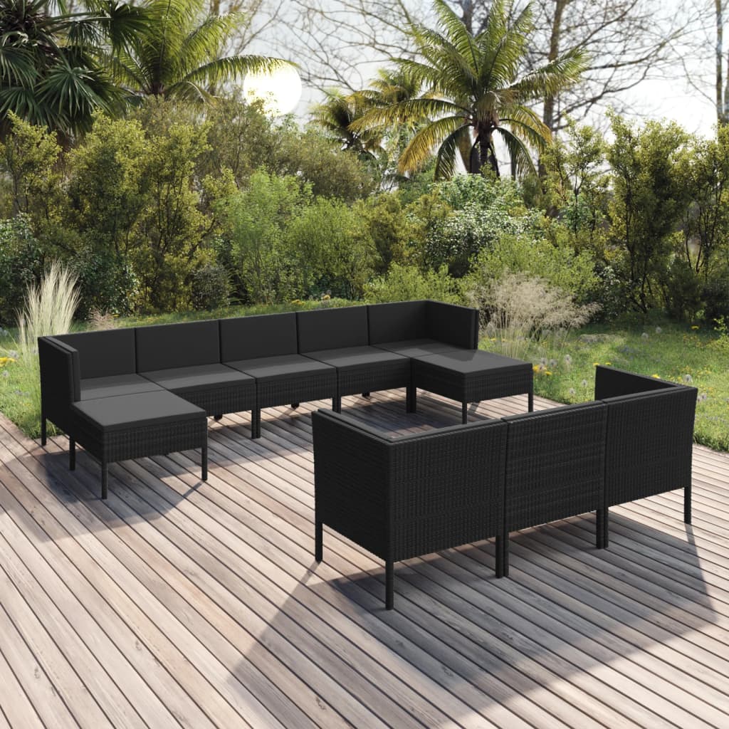 Set mobilier de grădină cu perne, 10 piese, negru, poliratan