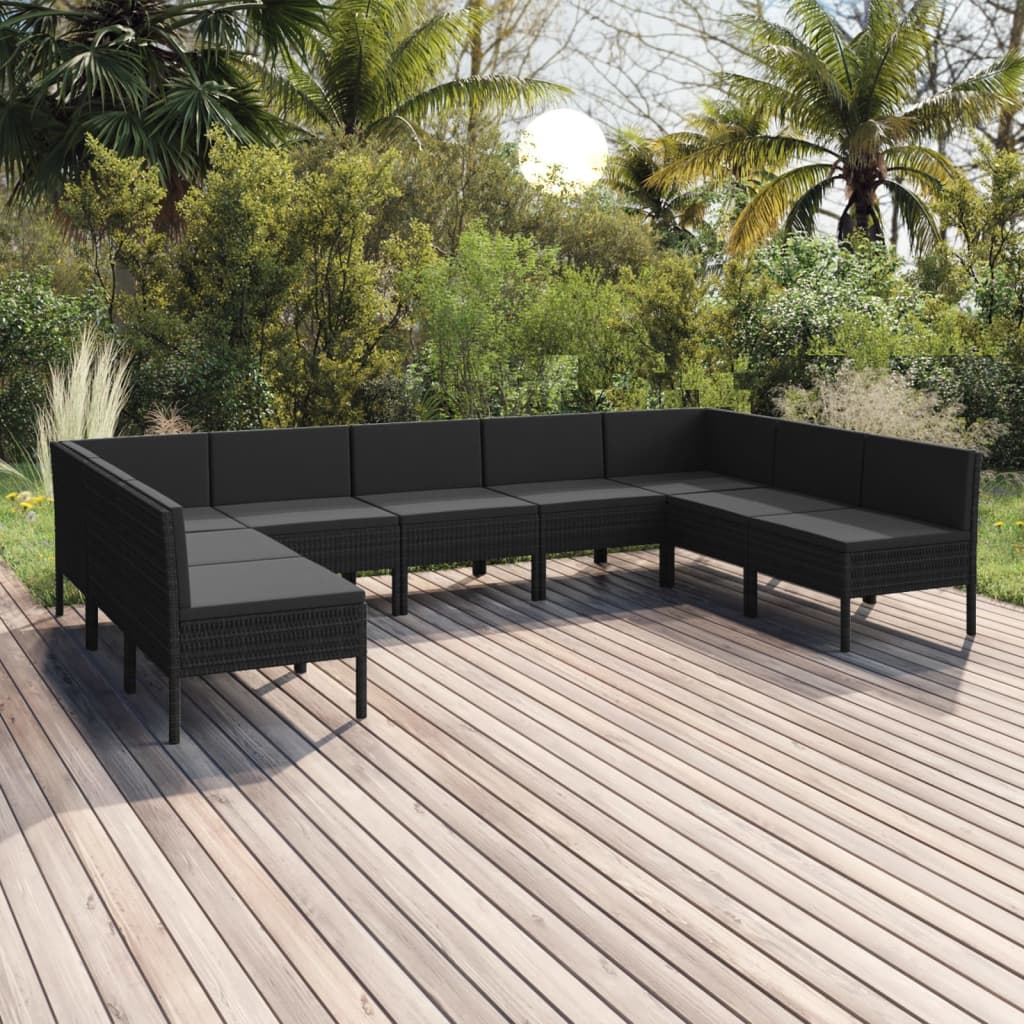 Set mobilier de grădină cu perne, 9 piese, negru, poliratan