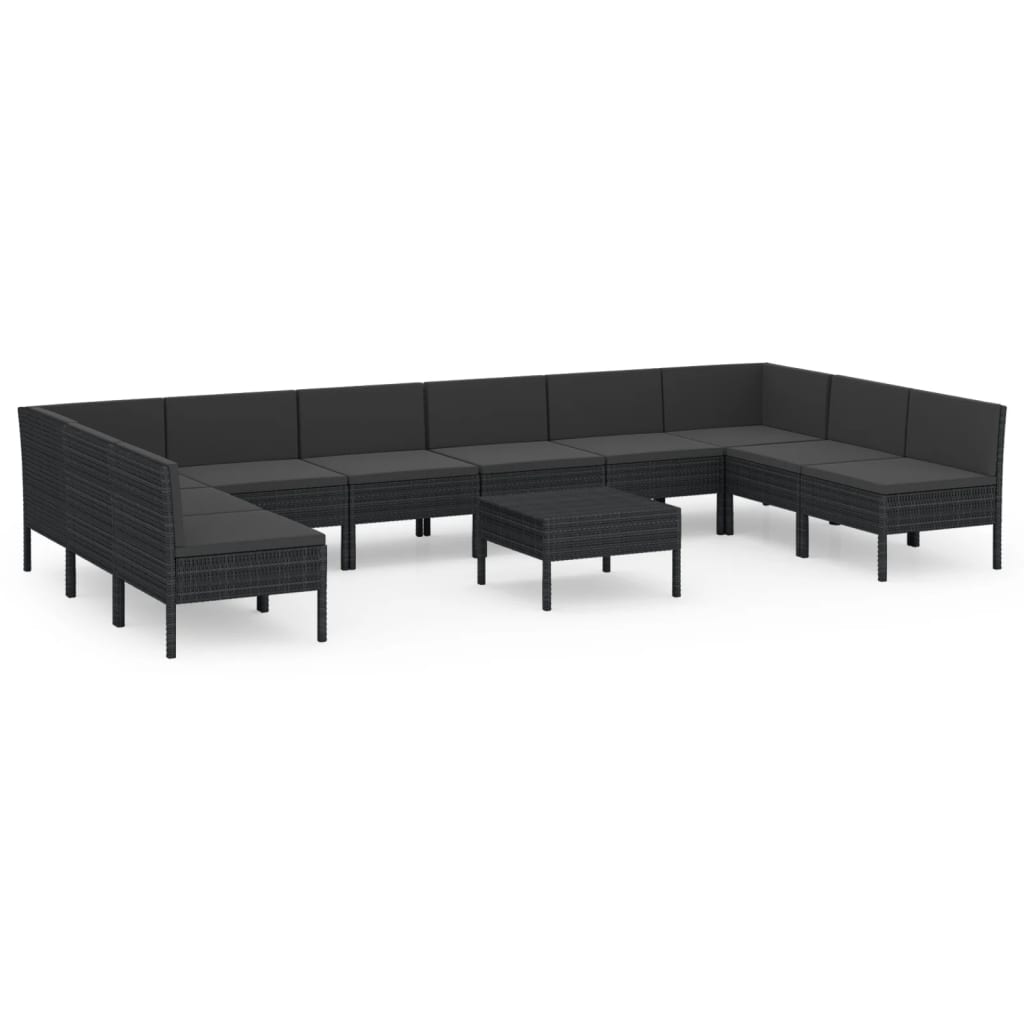 Set mobilier de grădină cu perne, 11 piese, negru, poliratan