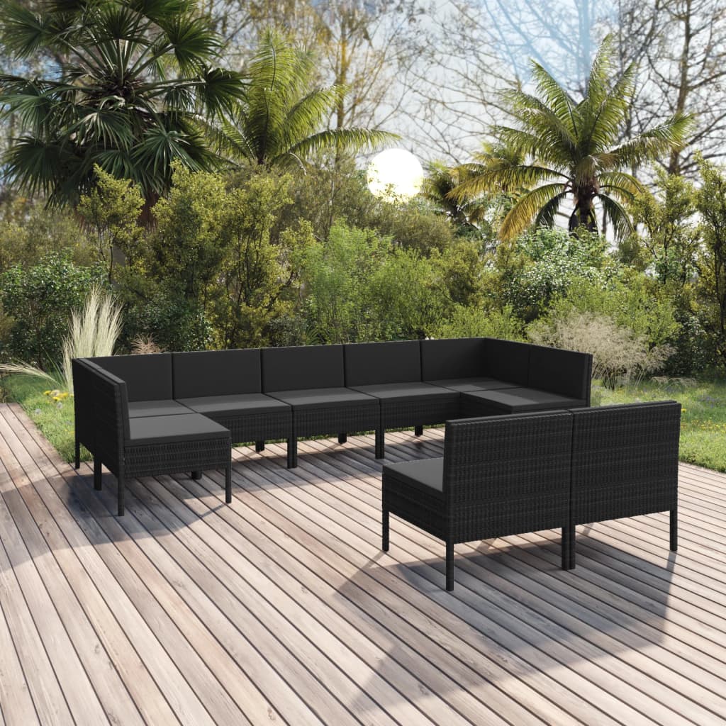 Set mobilier de grădină cu perne, 9 piese, negru, poliratan