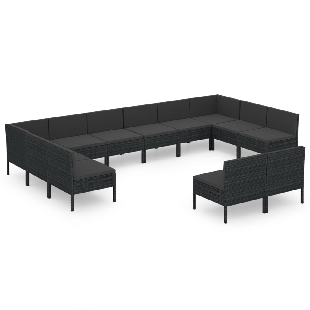 Set mobilier de grădină cu perne, 12 piese, negru, poliratan