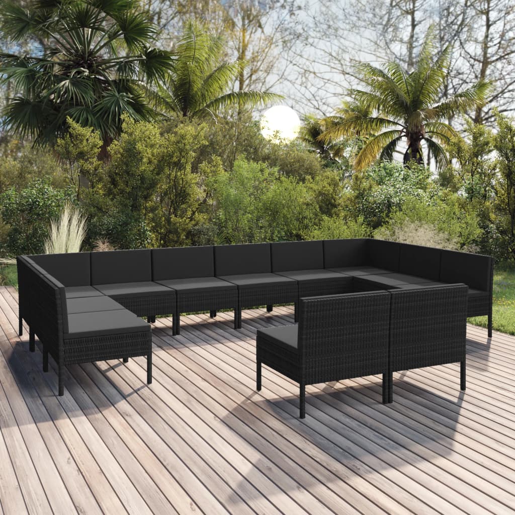 Set mobilier de grădină cu perne, 12 piese, negru, poliratan