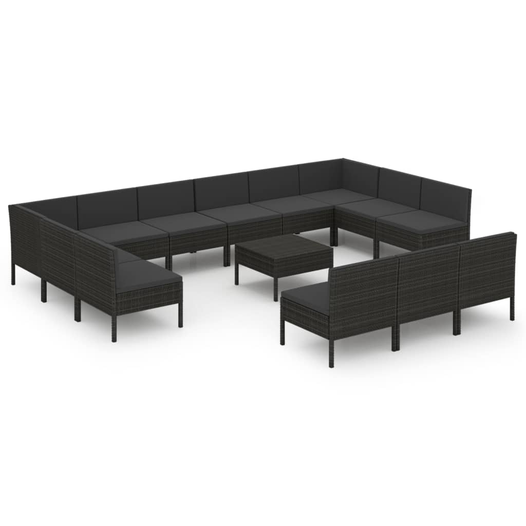 Set mobilier de grădină cu perne, 14 piese, negru, poliratan